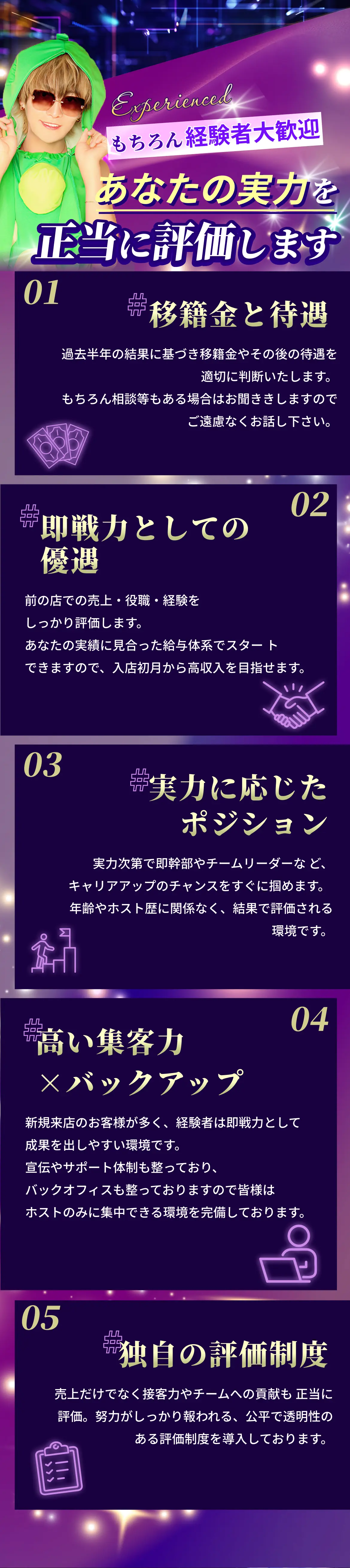 もちろん経験者大歓迎!あなたの実力を正当に評価します。01移籍金と待遇|02即戦力としての優遇|03実力に応じたポジション|04高い集客力×バックアップ|05独自の評価制度
