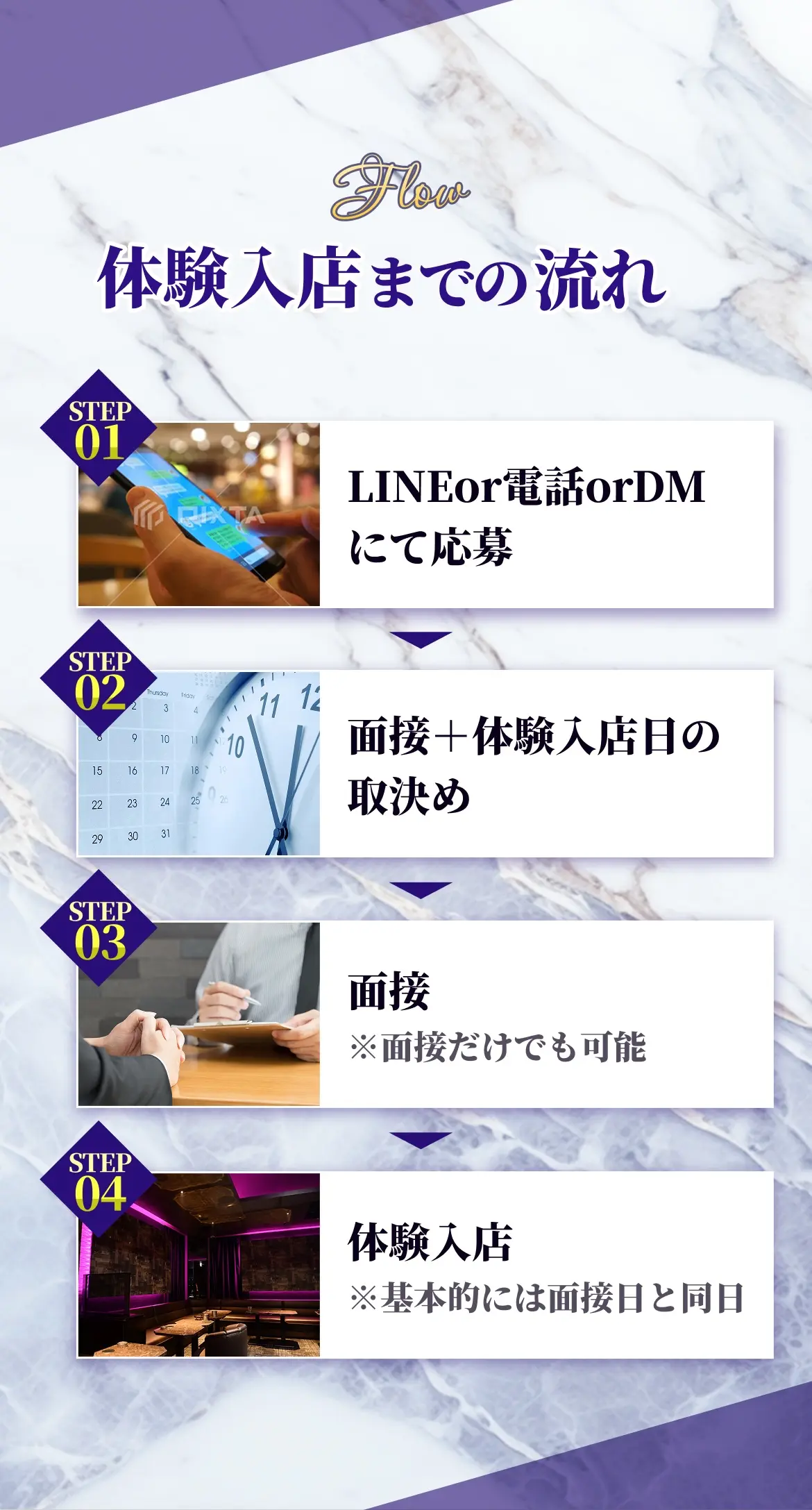 体験入店までの流れ。01ラインor電話orDMにて応募02面接+体験入店日の取決め03面接*面接だけでも可能04体験入店※基本的には面接日と同日